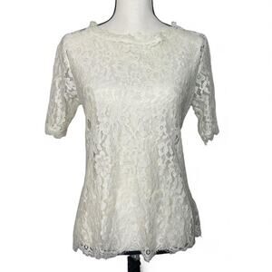 Anthropologie White Lace Short Sleeve Scalloped Hem Cotton Blend Dainty Top Sz S